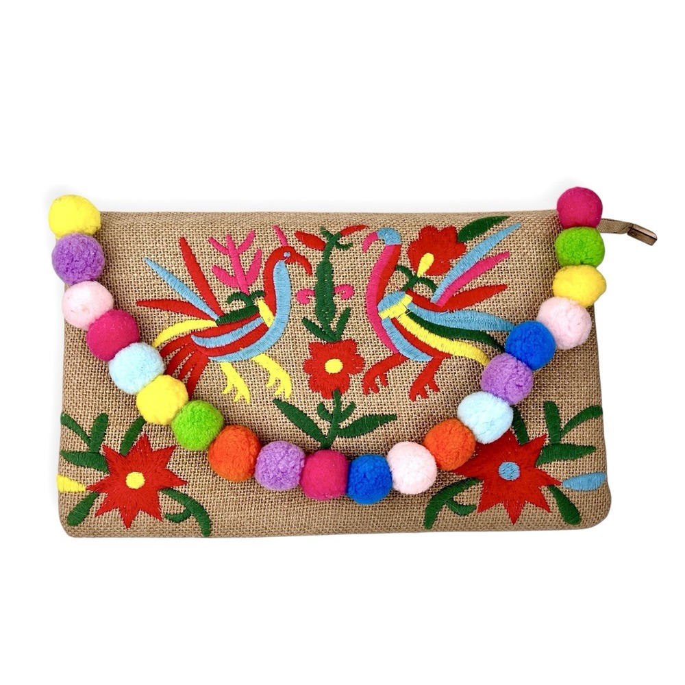 Lulus Embroidered Burlap Mexican Birds Pom Pom Clutch Bag‎ Crossbody Chain